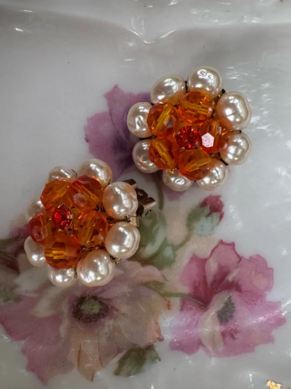Vintage faux Pearl and orange Crystal Flower clip Earrings - Women Jewelry